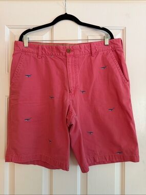 Izod Saltwater Coral Flat-Front Shorts with Navy blue whale casual preppy